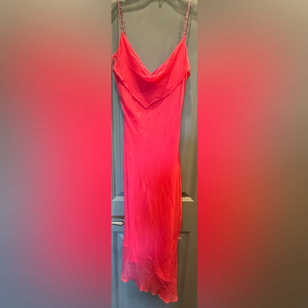 Pretty in Barbie pink silk and beaded asymmetrical hem party dress